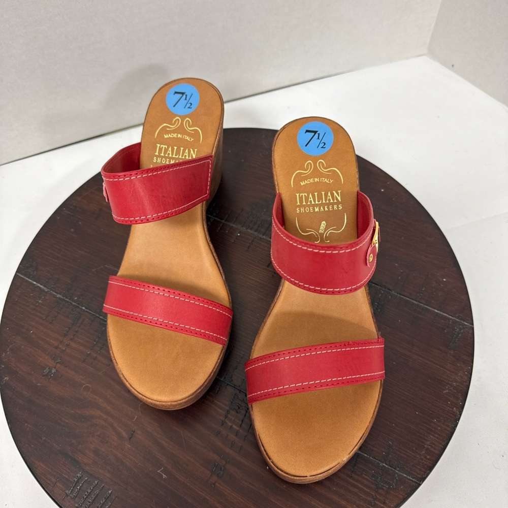 Italian Shoemakers Red Leather Double-Strap Slide Sandals